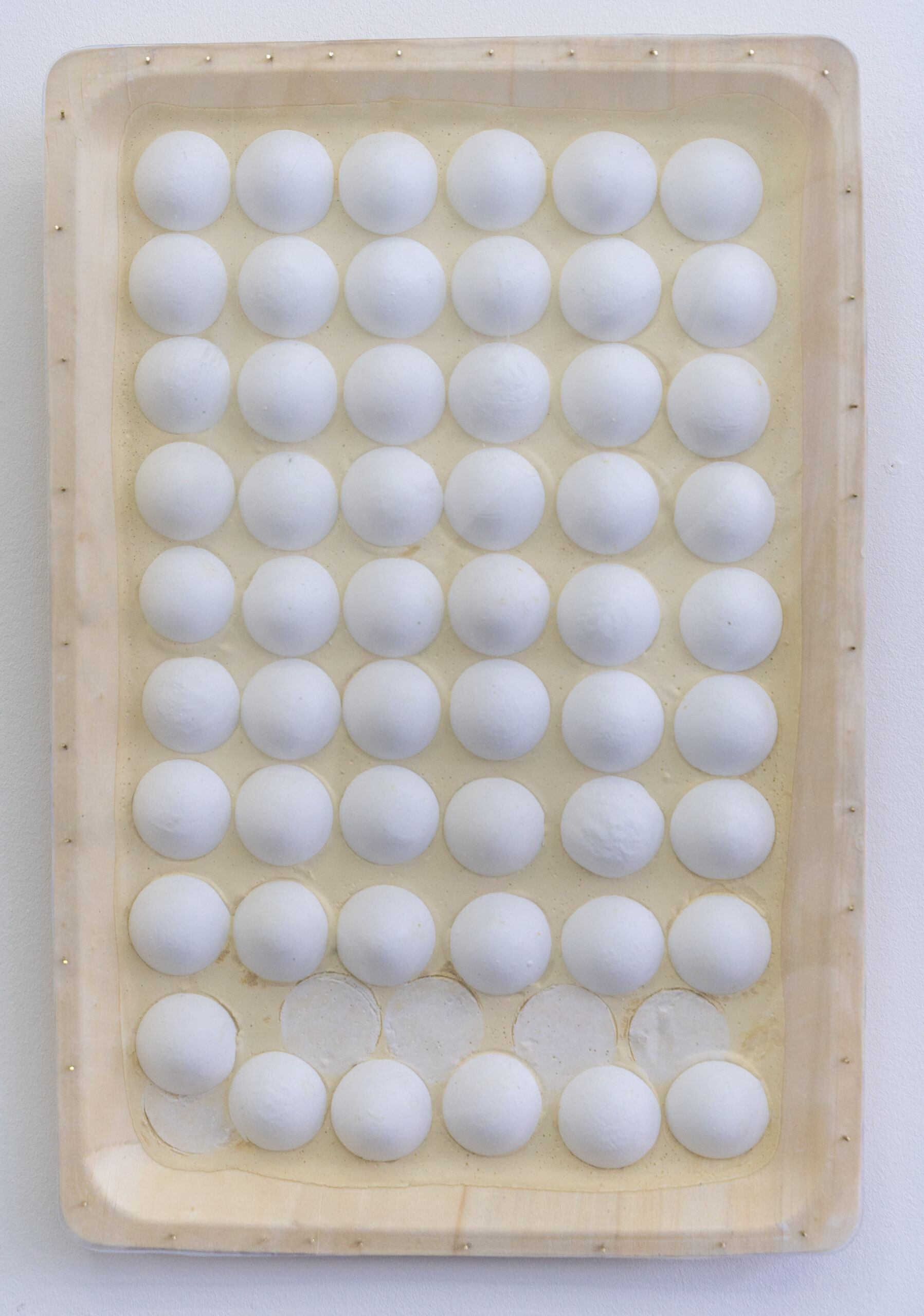 Alexandra Phillips, Tray - wood, water putty, plastic, egg shell, tacks, white wash 