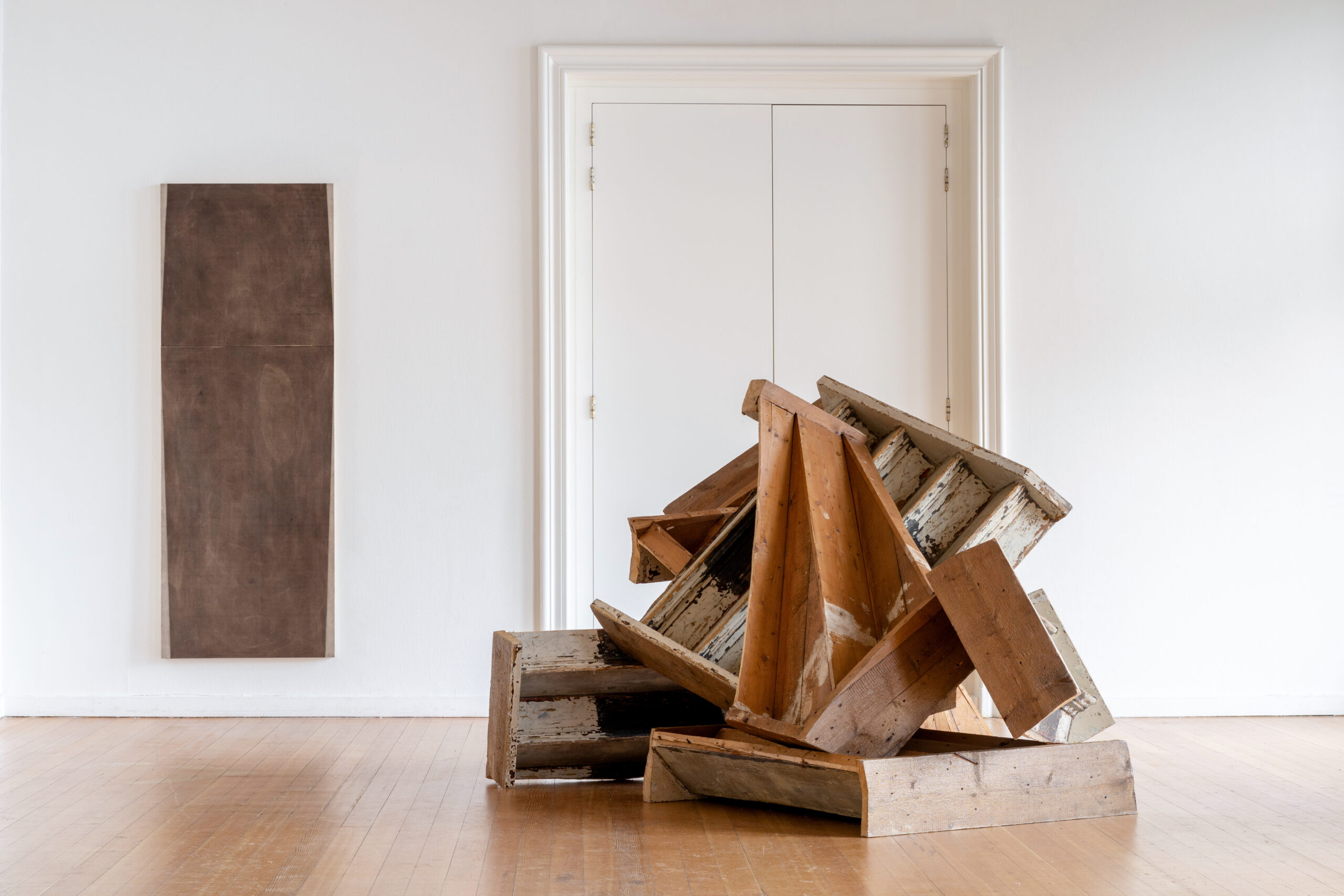 When all else fails, 2026 signed and dated assemblage with staircase wood, birds nest and eggs ca 350 x 350 x 350 cm (KK056)