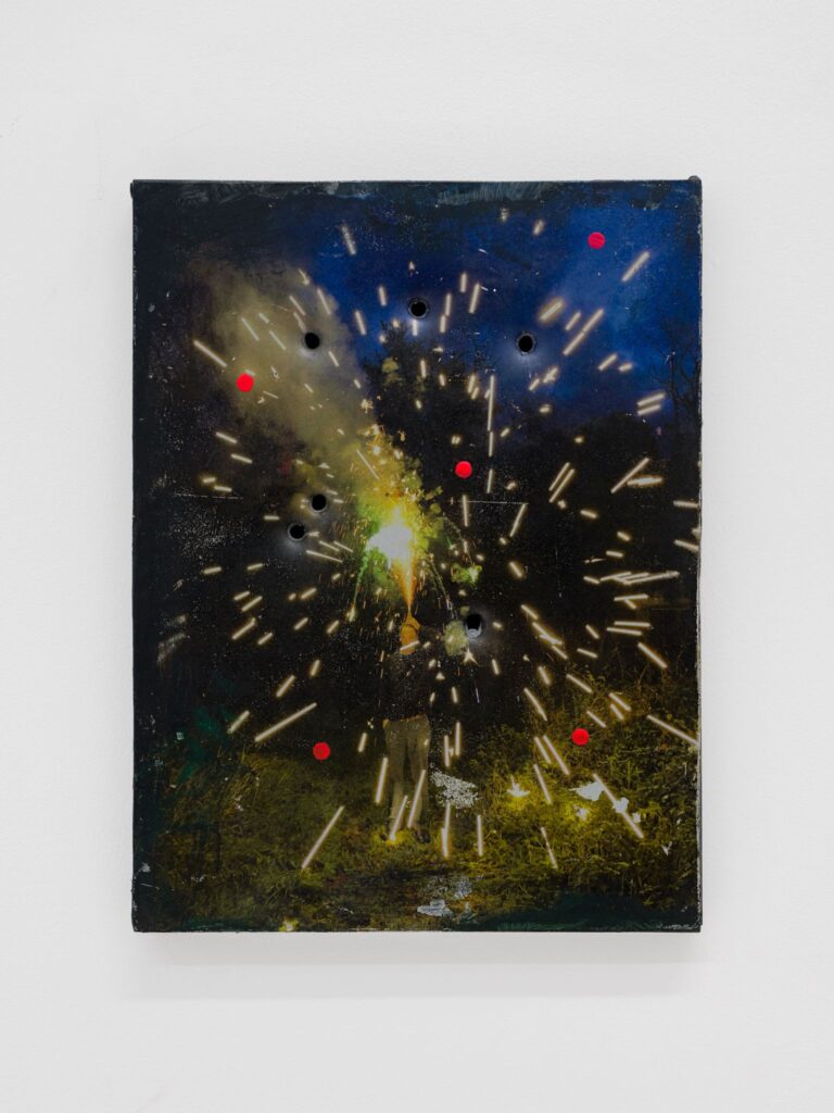 Joost Pauwaert Self-portrait with fireworks, bullet holes and pink dots , 2024 transferred image on metal plate, acrylics, artist metal frame, bullet holes 38 x 29 cm